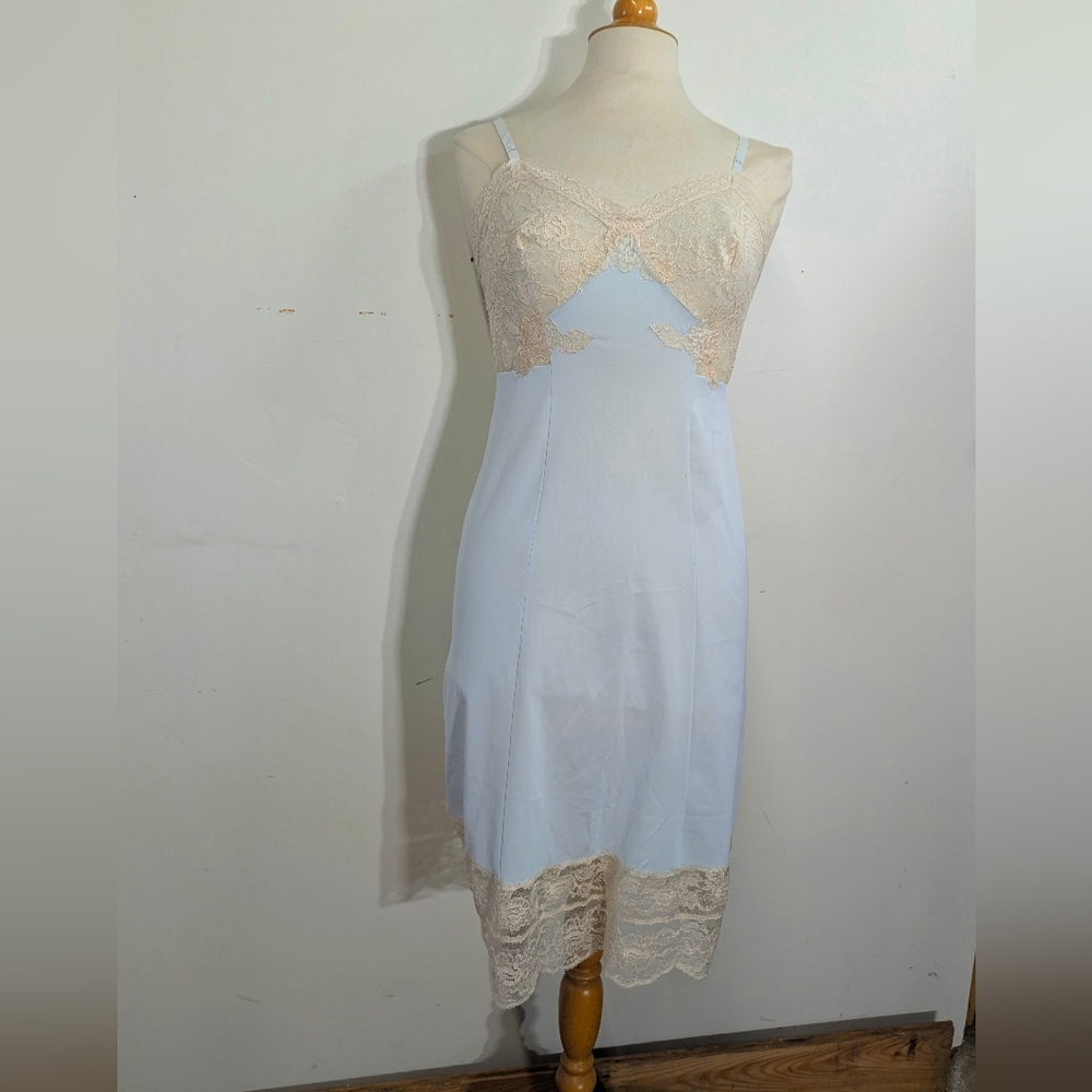 Vintage Lace Trim Light Blue Slip Dress Extraordinary Lace 34 S Ivory Stretch - Picture 1 of 15